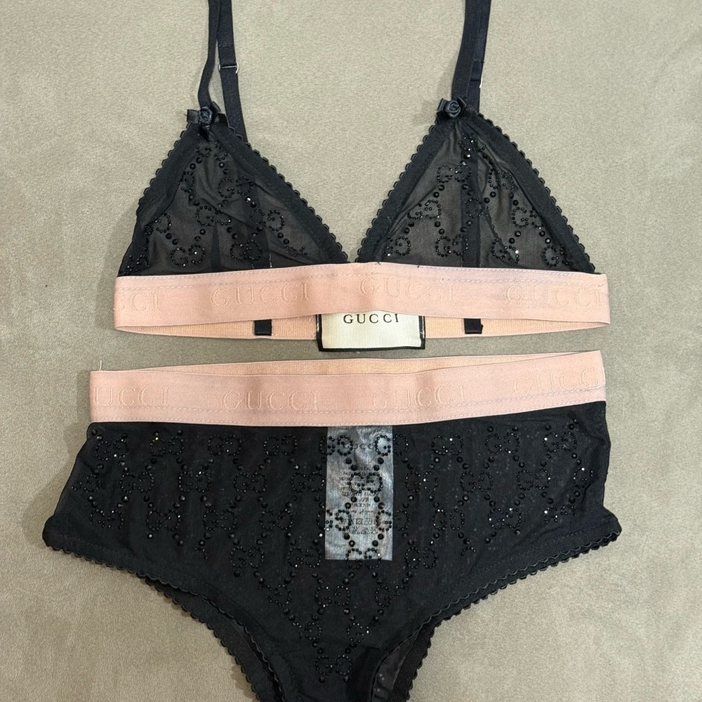 Gucci Black and Pink Embroidered Bralette Set